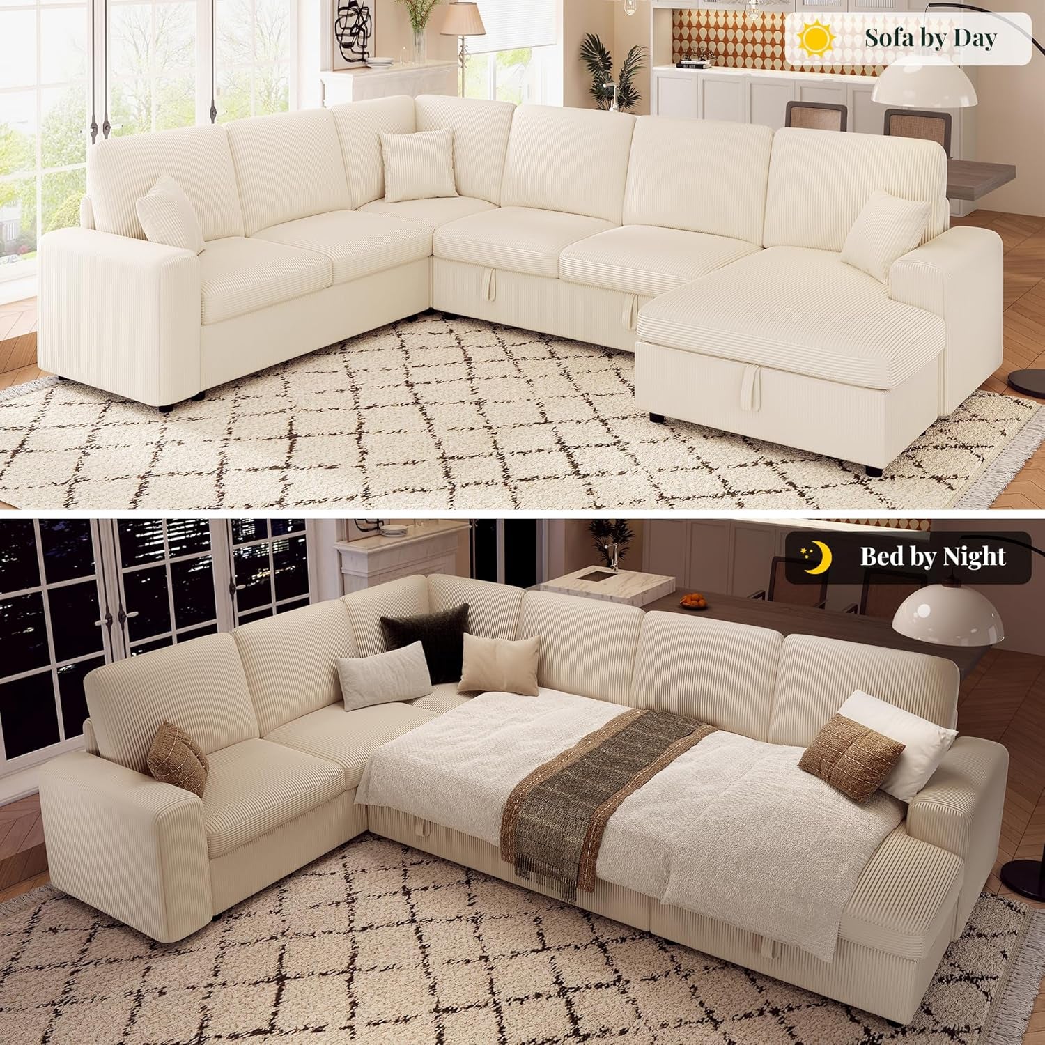 Sectional sofa in a living room setting with 'Sofa by Day' and 'Bed by Night' labels.