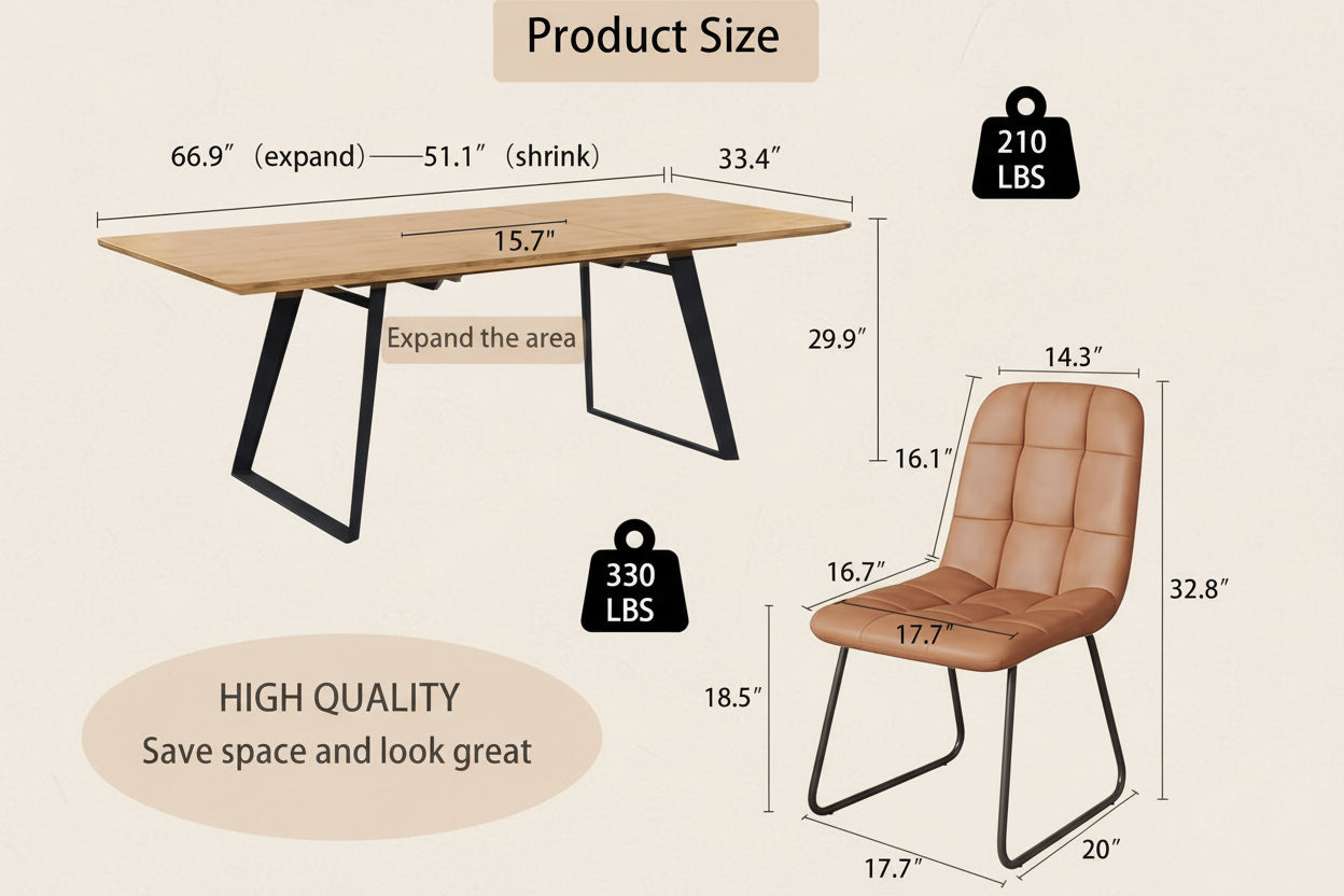 Dimensions of a wooden table and brown chair with weight capacity labels.