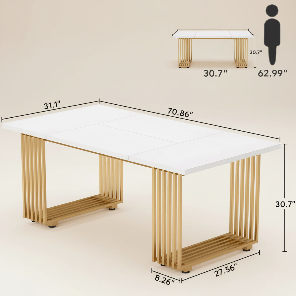 White table with gold legs and dimensions labeled on a white background