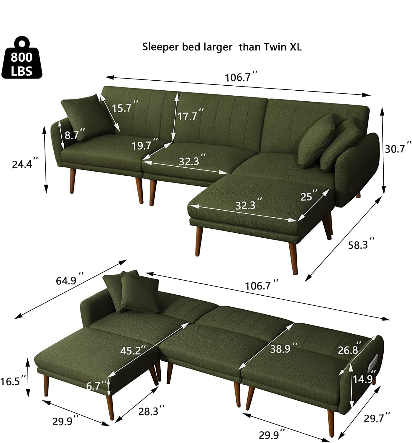 Green sectional sofa with dimensions labeled on a white background