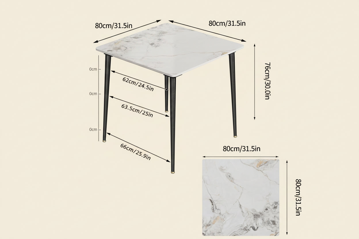 Measurement chart of a marble-patterned table with dimensions labeled.