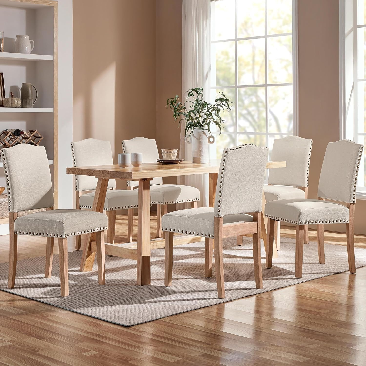 Hardy Haus Beige Upholstered Dining Chairs with Nailhead Trim – Set of 6