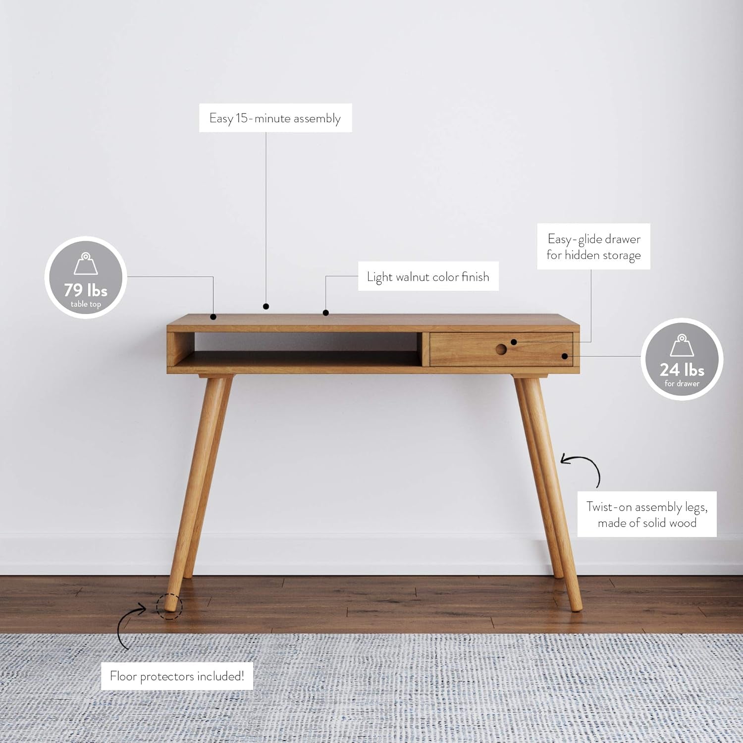 Wooden desk with features highlighted on a white background