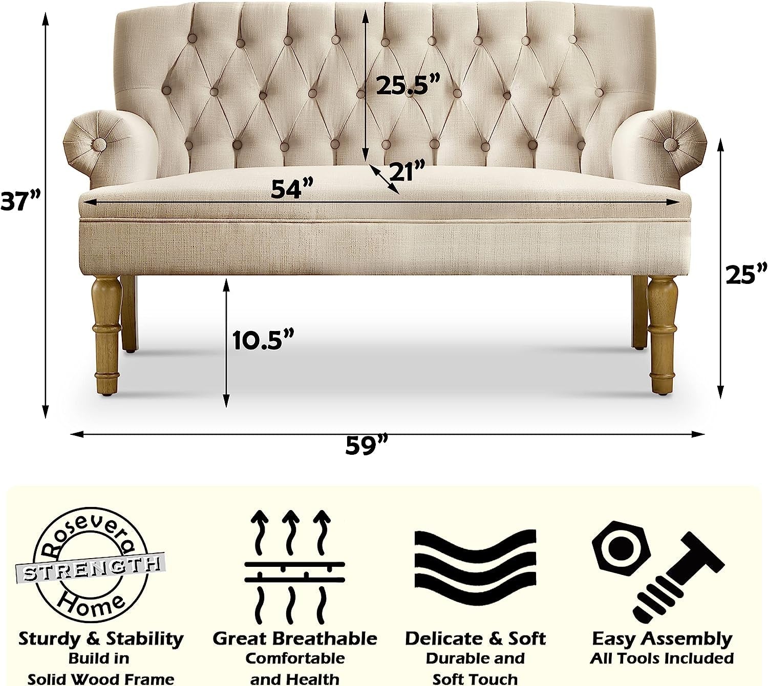Beige tufted bench with dimensions and features listed below on a white background