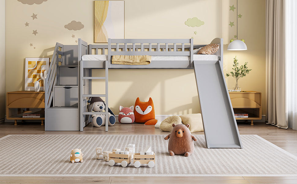 Stairway Twin Size Loft Bed with Two Drawers and Slide