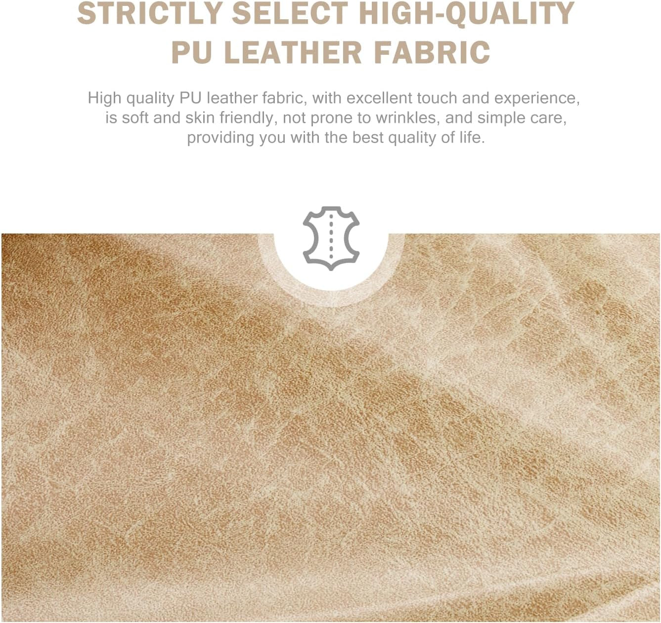 High-quality PU leather fabric with text on a beige background
