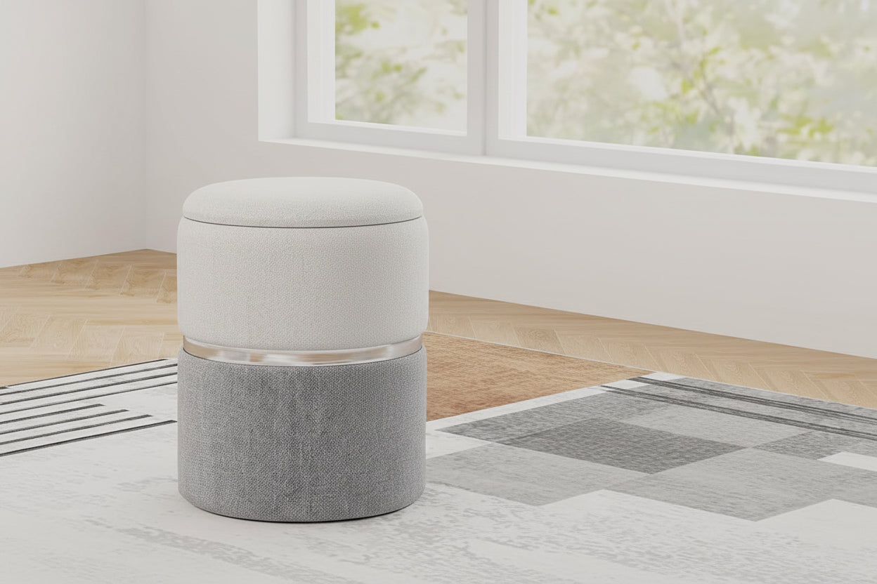 Person sitting on a gray cushion with text about comfortable upholstery design.