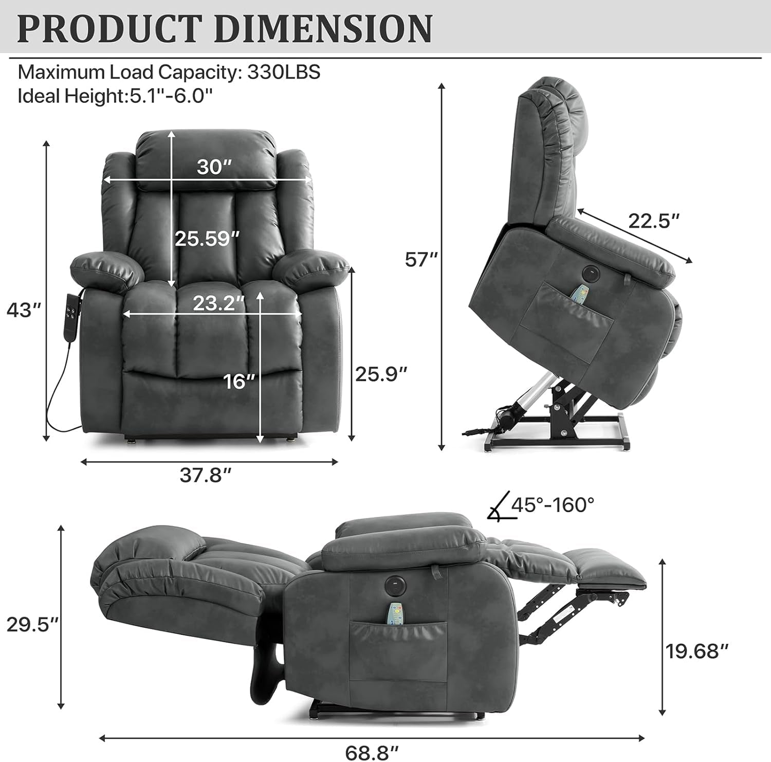 Dual Motor Large Power Lift Recliner Chair Recliners for Elderly, Infinite Position Recliner Chair with Heat and Massage, Breathable Leather(Gray)-1