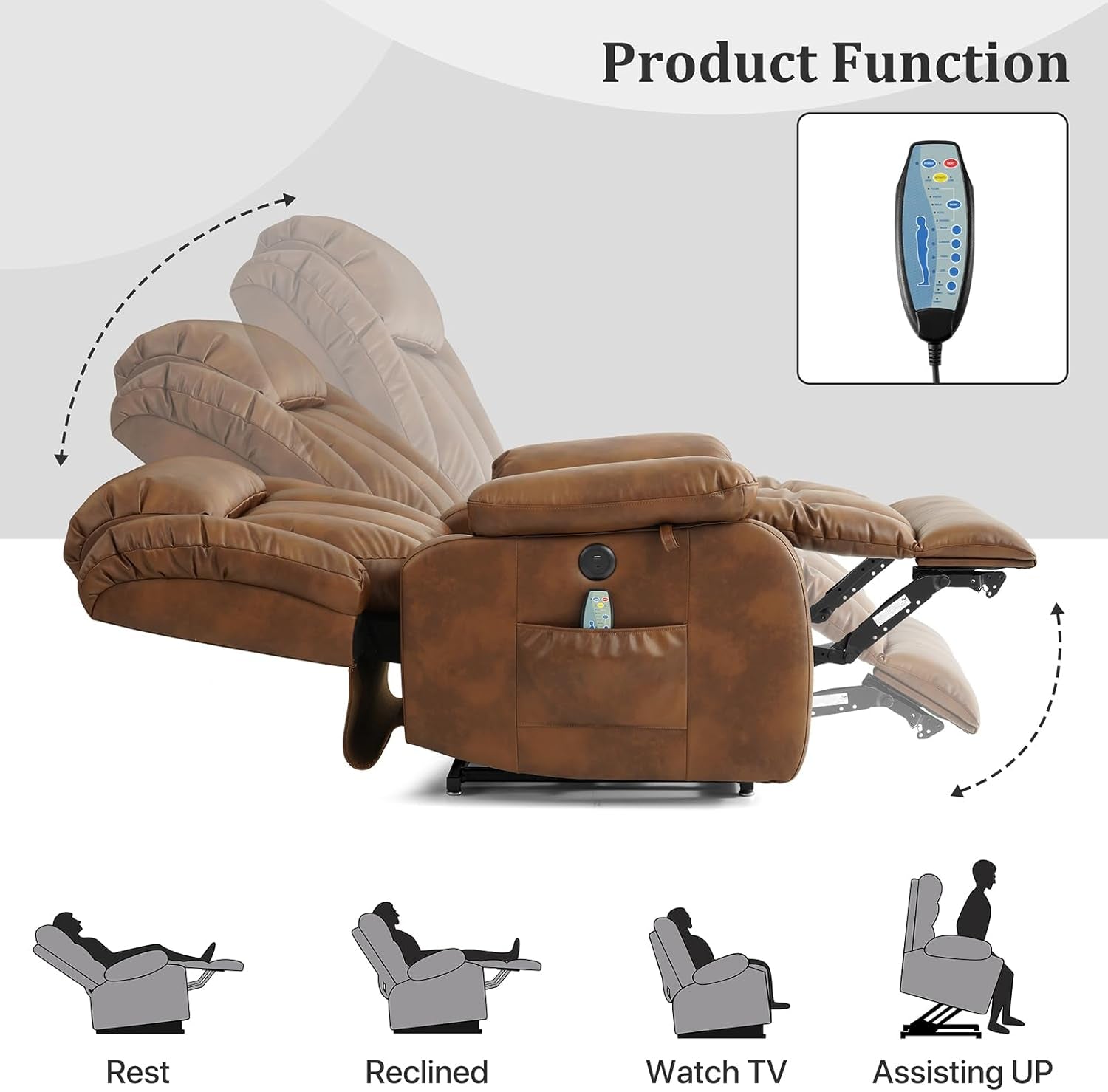 Dual Motor Large Power Lift Recliner Chair Recliners for Elderly, Infinite Position Recliner Chair with Heat and Massage, Breathable Leather(Ochre)-3