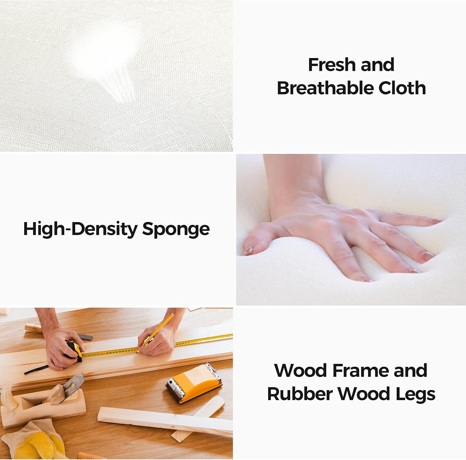 Collage of a mattress with text describing features like fresh and breathable cloth, high-density sponge, wood frame, and rubber wood legs.