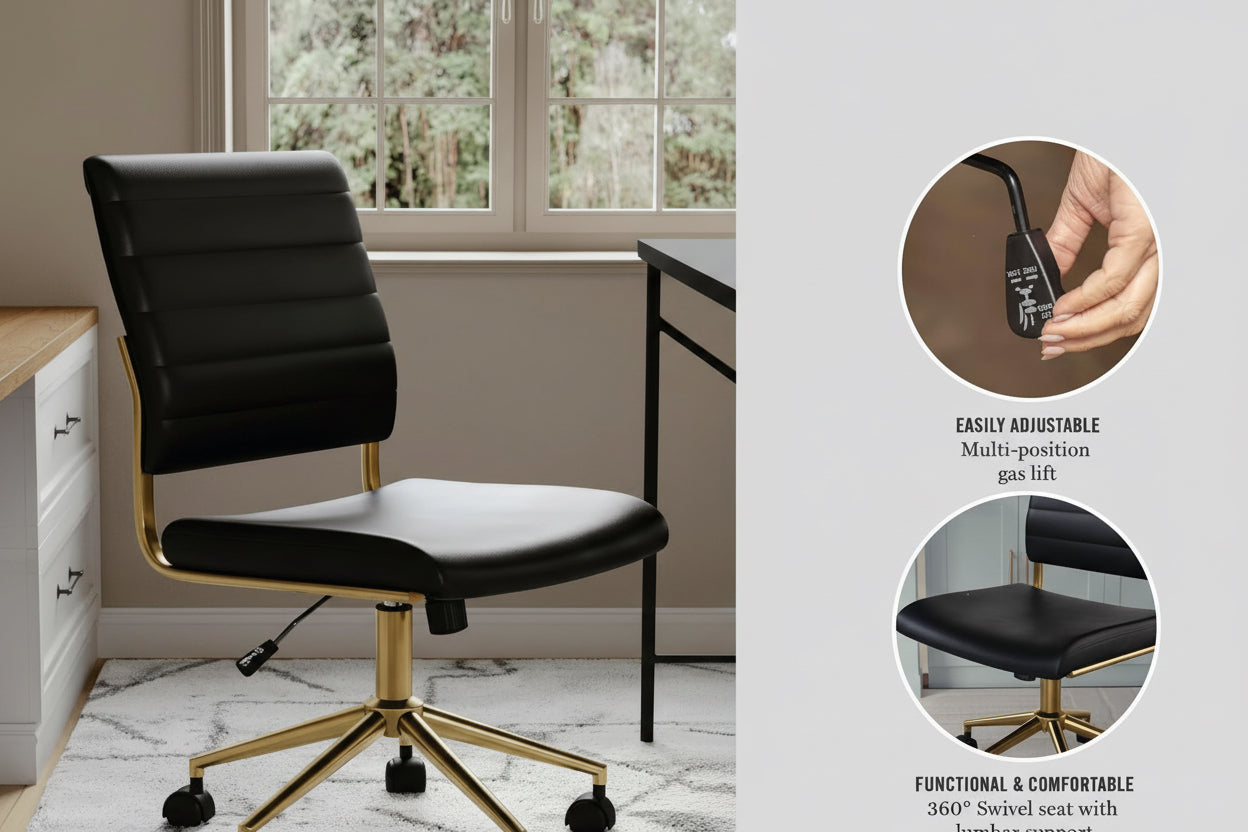 Black office chair with gold accents in a room with a window, featuring Martha Stewart logo.