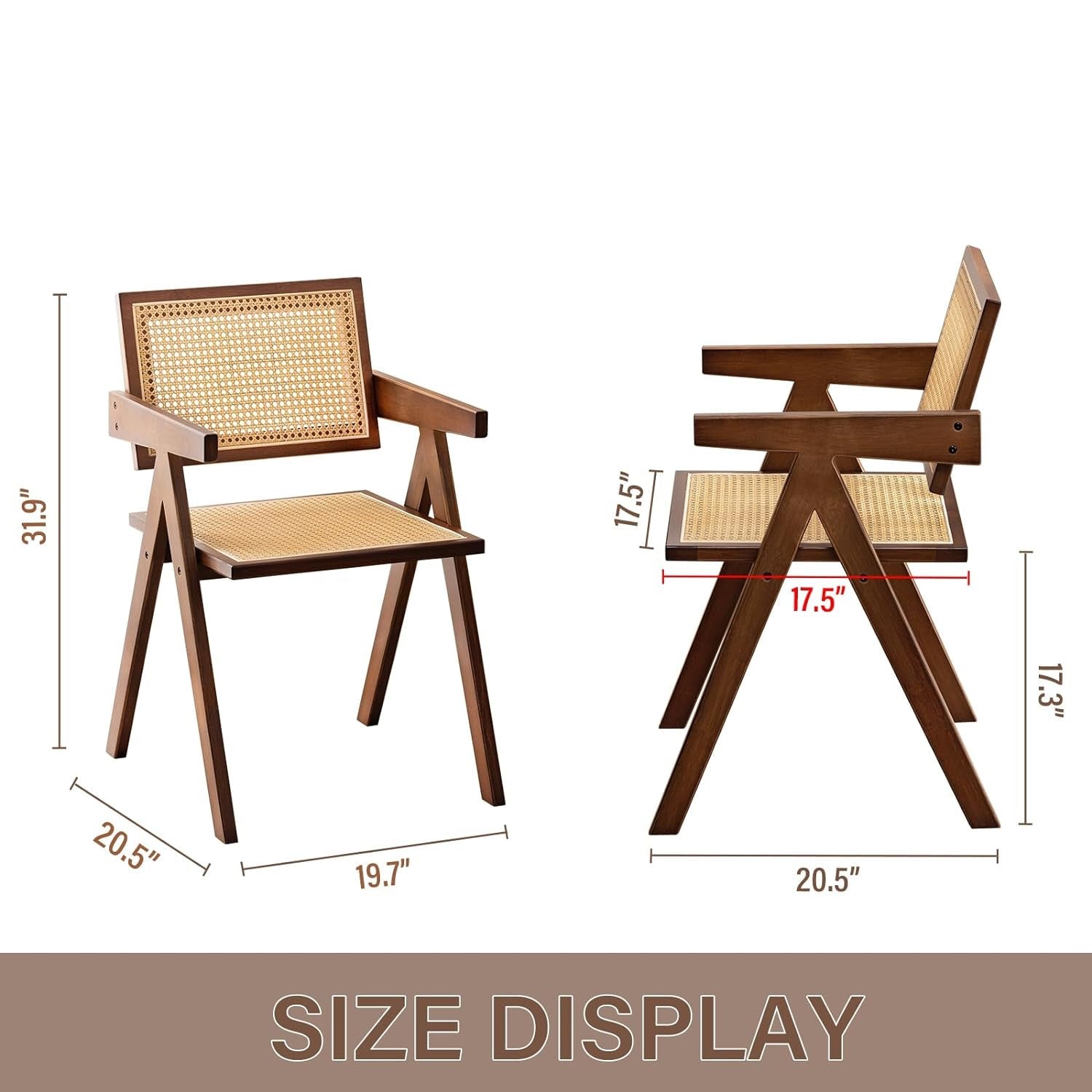 Wooden chair with wicker seat and backrest, shown with dimensions on a white background.