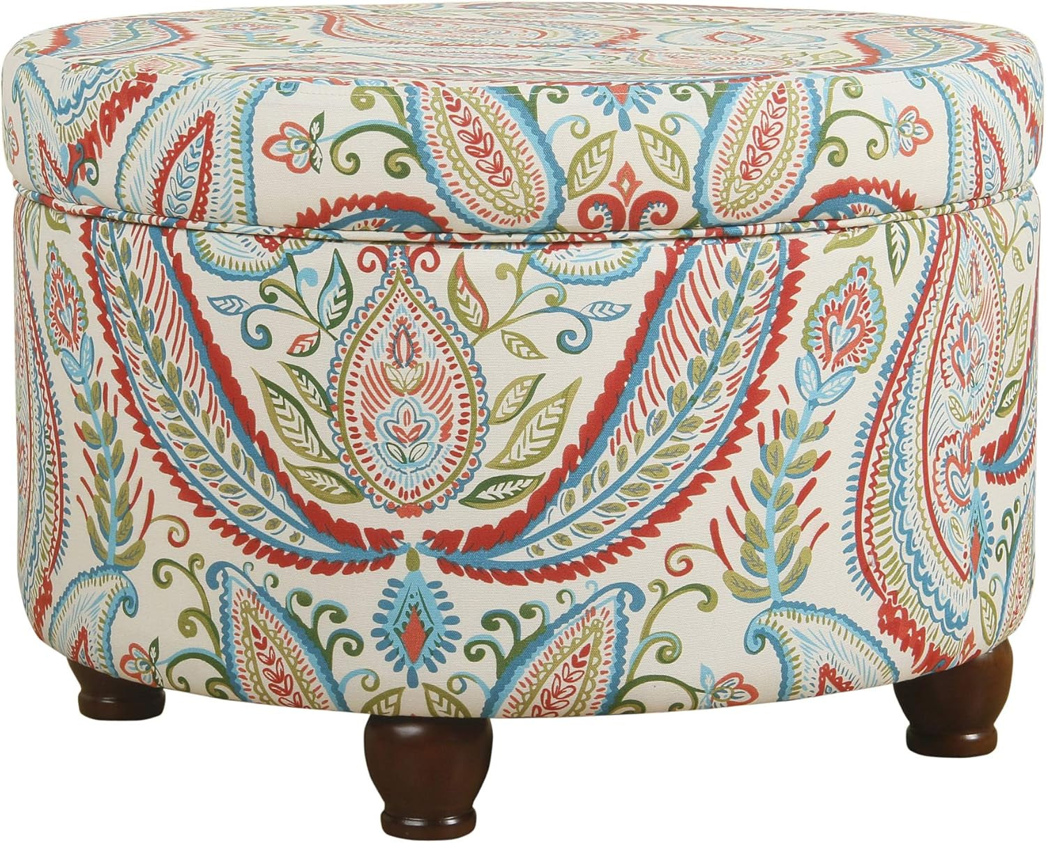 Patterned ottoman with wooden legs on a white background