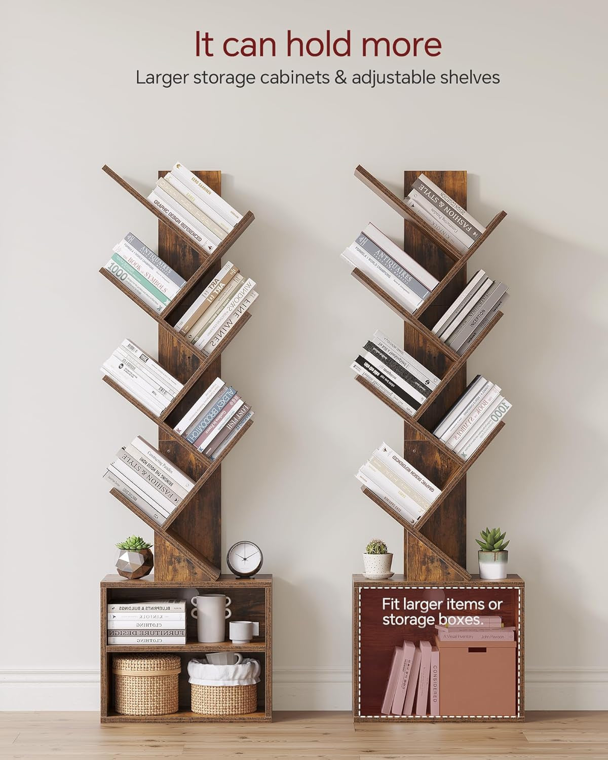 Wooden bookshelf with adjustable shelves holding books and decorative items on a plain background.