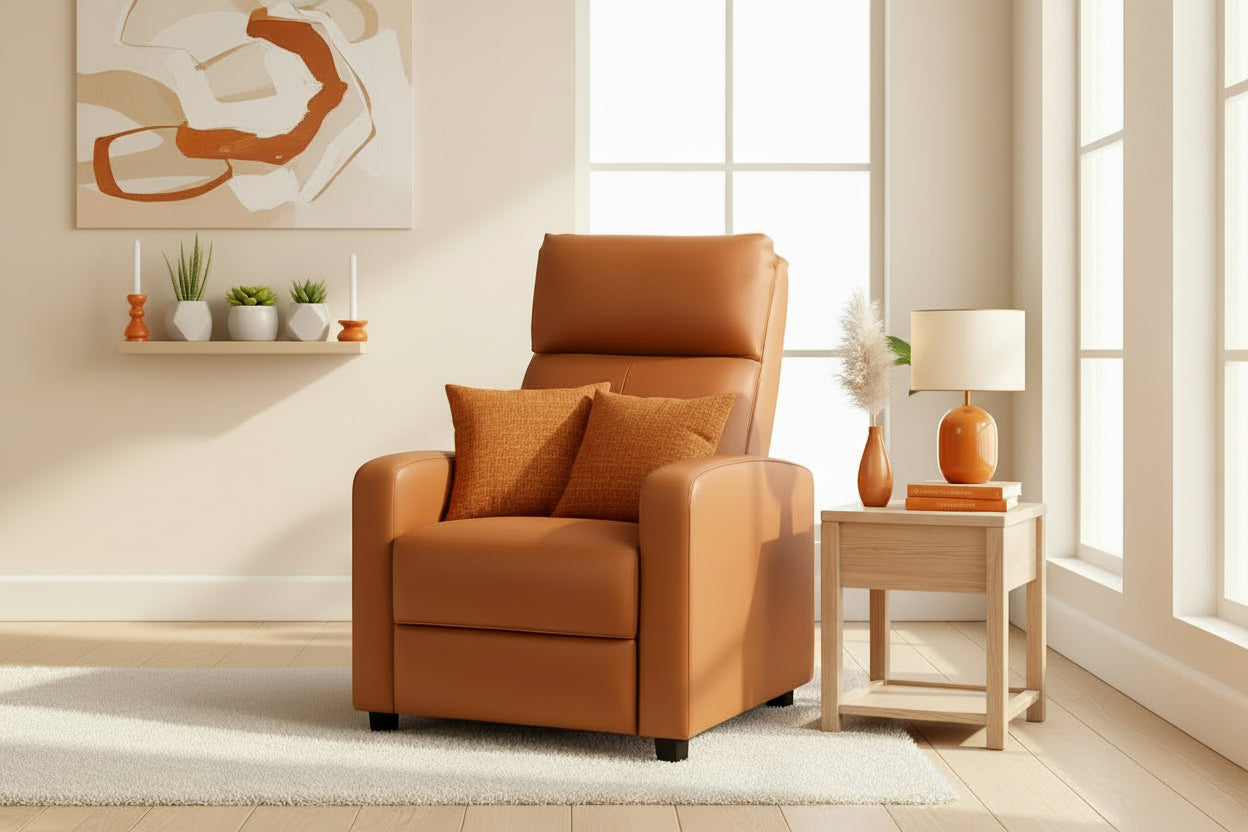 Brown leather armchair in a room with a beige wall and side table.