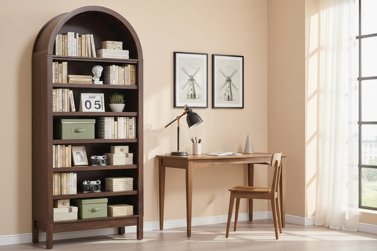 Wooden bookshelf with arch design in various settings including living room, bathroom, and entryway.