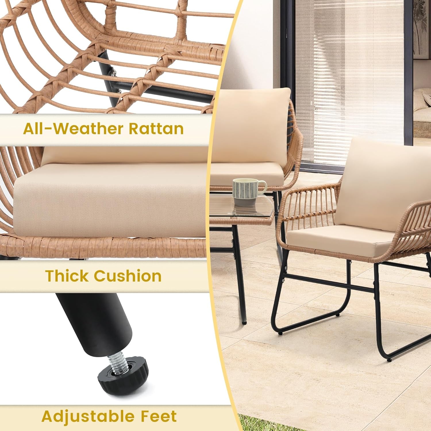 Outdoor furniture set with all-weather rattan, thick cushion, and adjustable feet.
