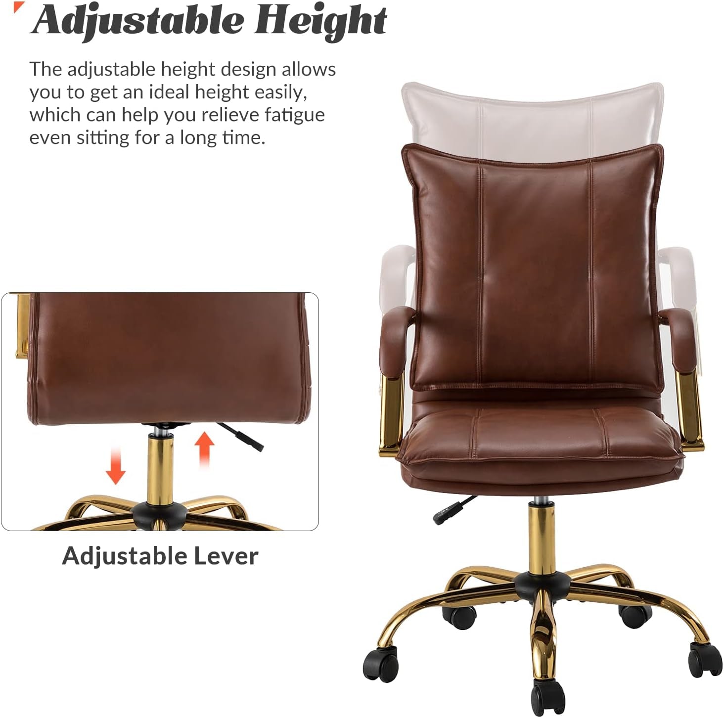 Brown office chair with adjustable height feature on a white background