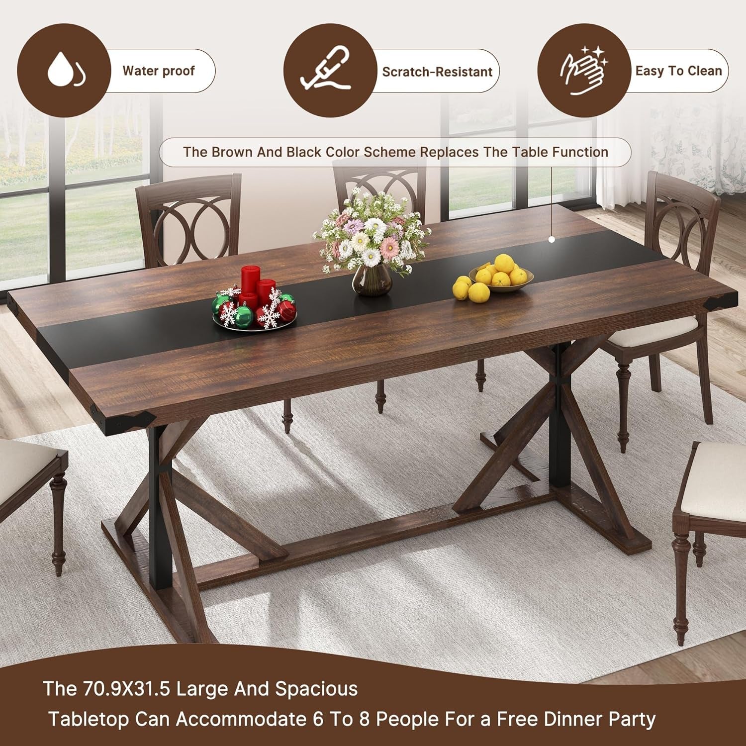 Wooden dining table with chairs in a room setting, featuring water-proof, scratch-resistant, and easy-to-clean properties.