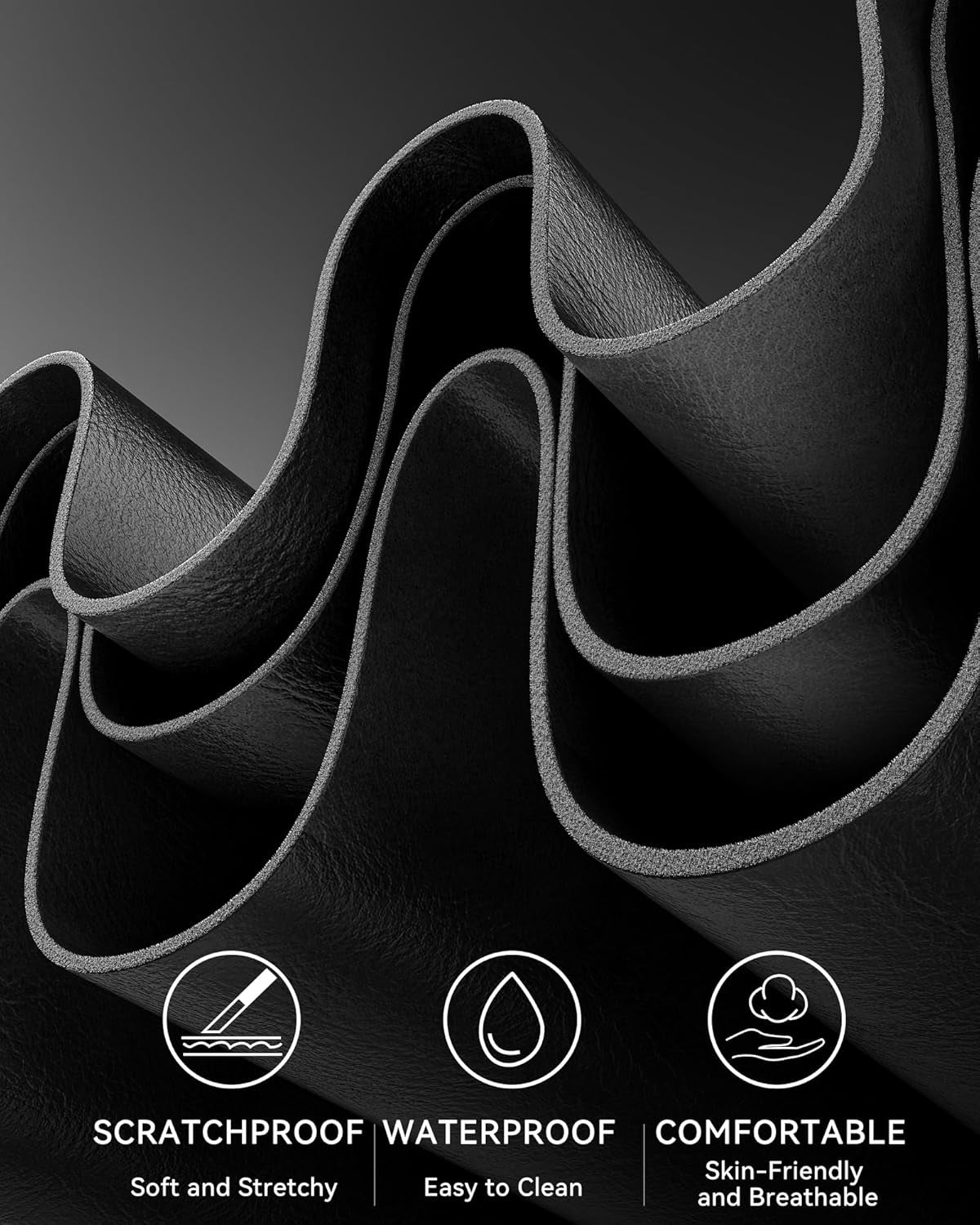 Close-up of black leather material with scratchproof, waterproof, and comfortable features highlighted.