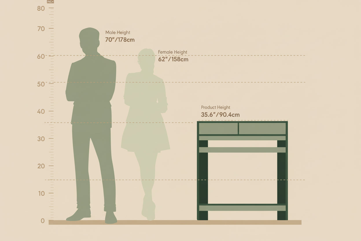 Height chart comparing male, female, and product height on a green background