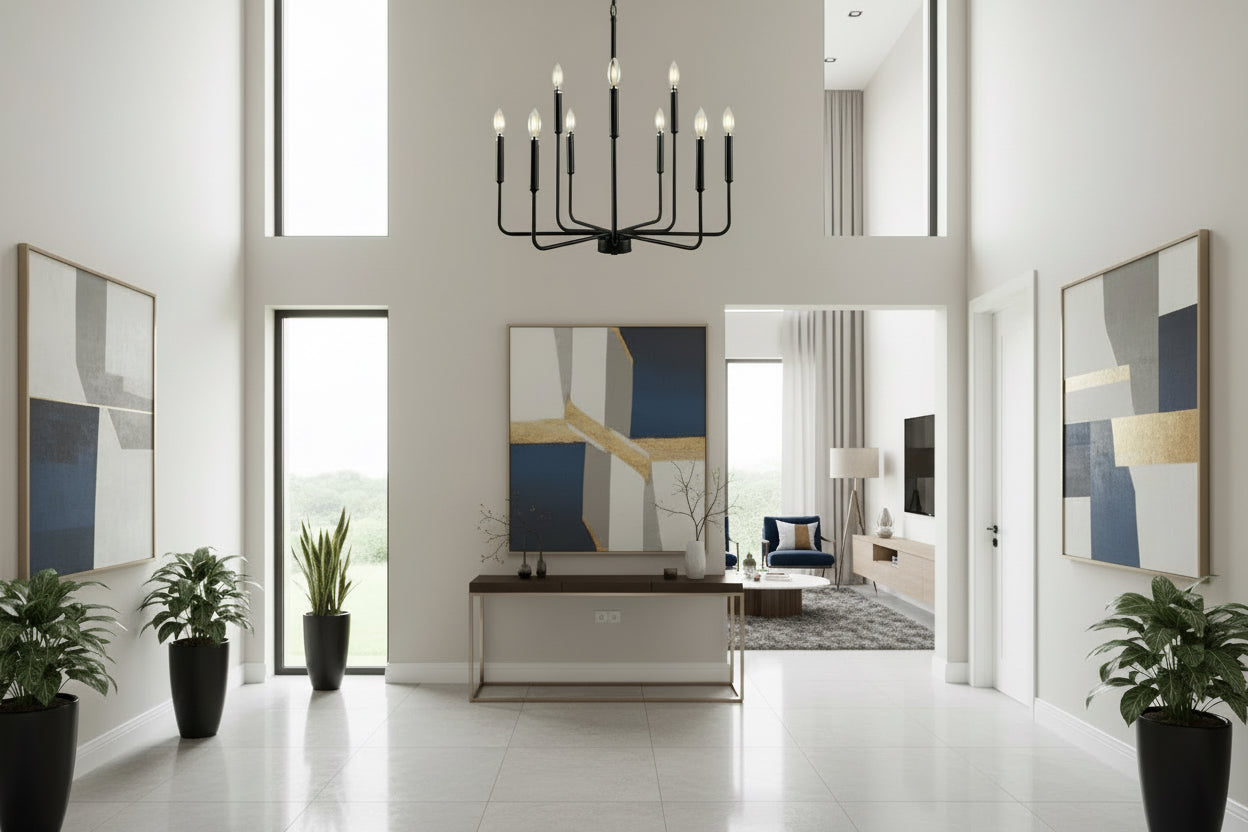 Living room with beige sofa, coffee table, and chandelier