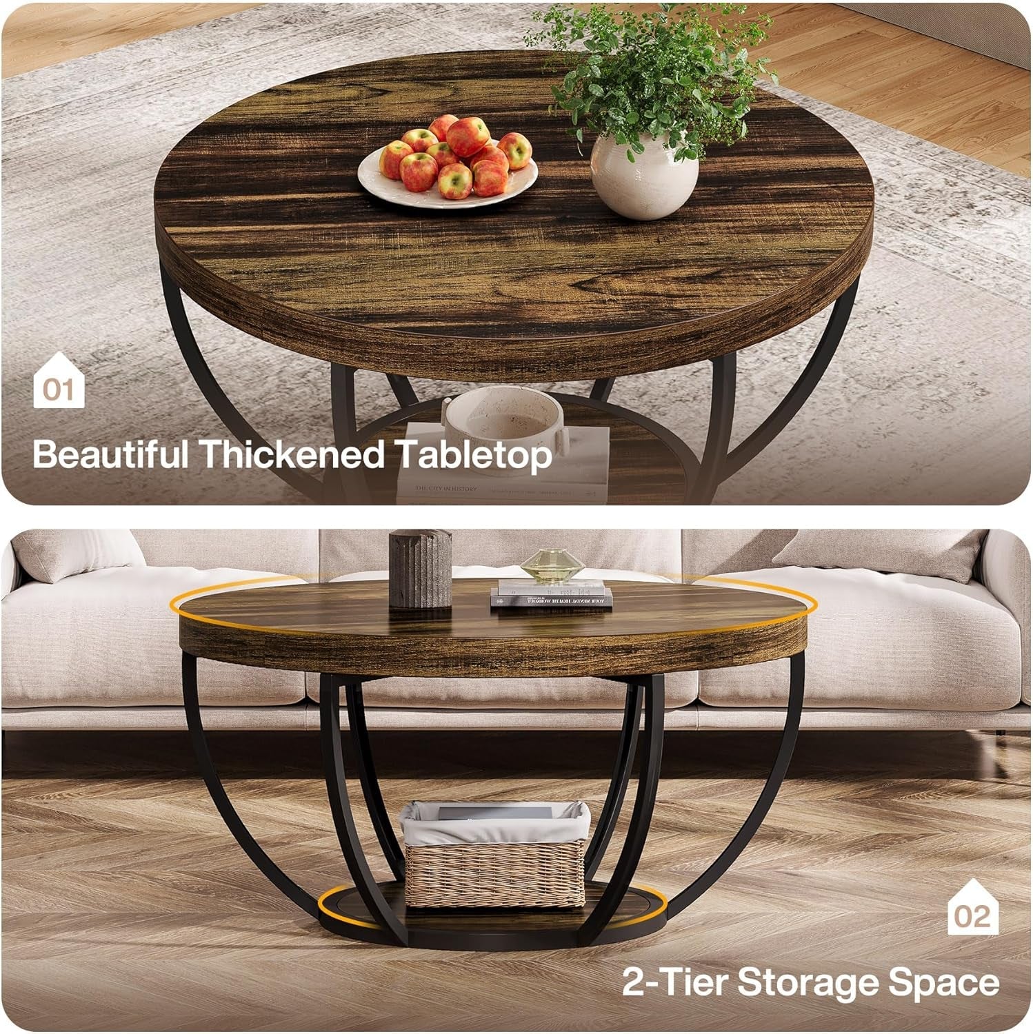 Wooden coffee table with a thick top and storage space in a living room setting.