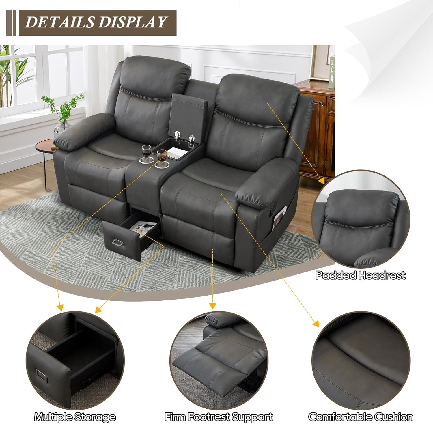 Gray recliner sofa with features highlighted on a white background