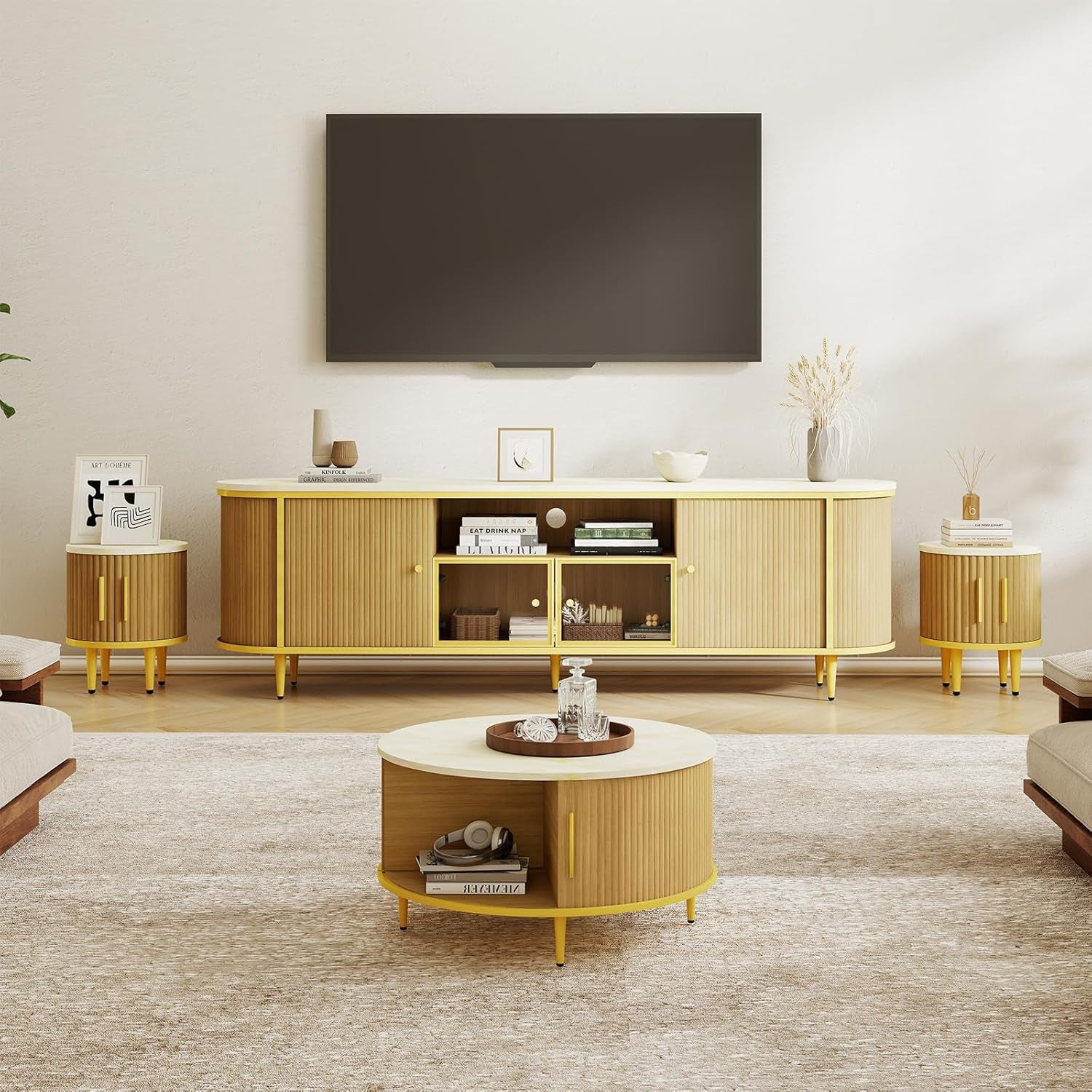 Modern living room with a yellow and beige entertainment console, coffee table, and TV.