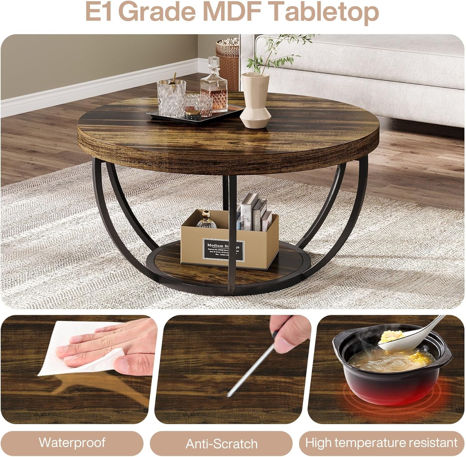 Round wooden coffee table with metal legs in a living room setting, featuring E1 grade MDF tabletop.