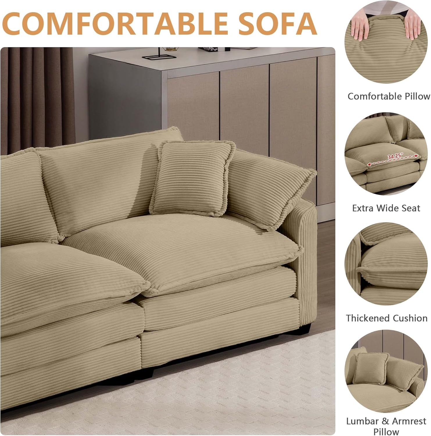 Beige sofa with close-up details of comfort features in a room setting.