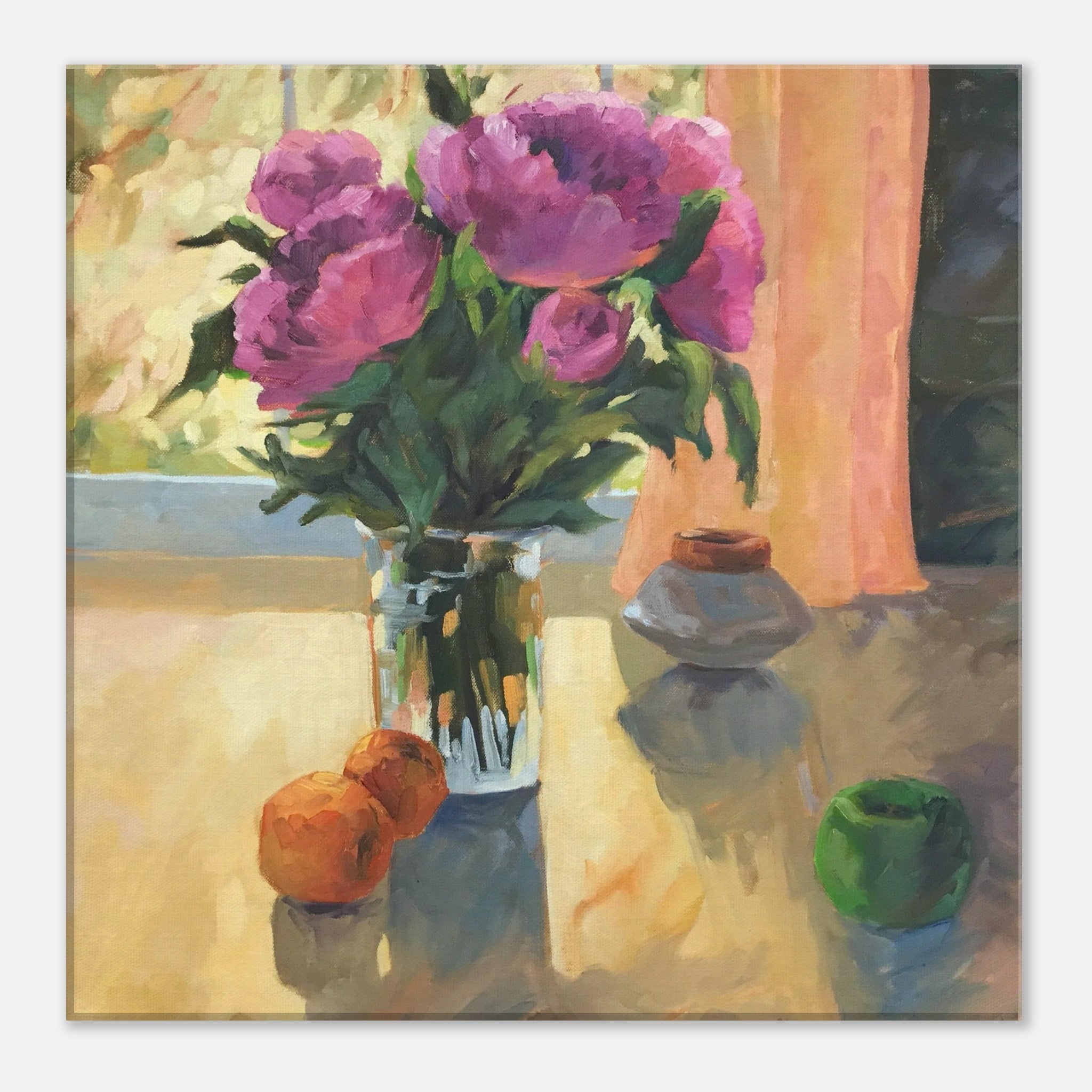 Painting of a vase with purple flowers and fruits on a table