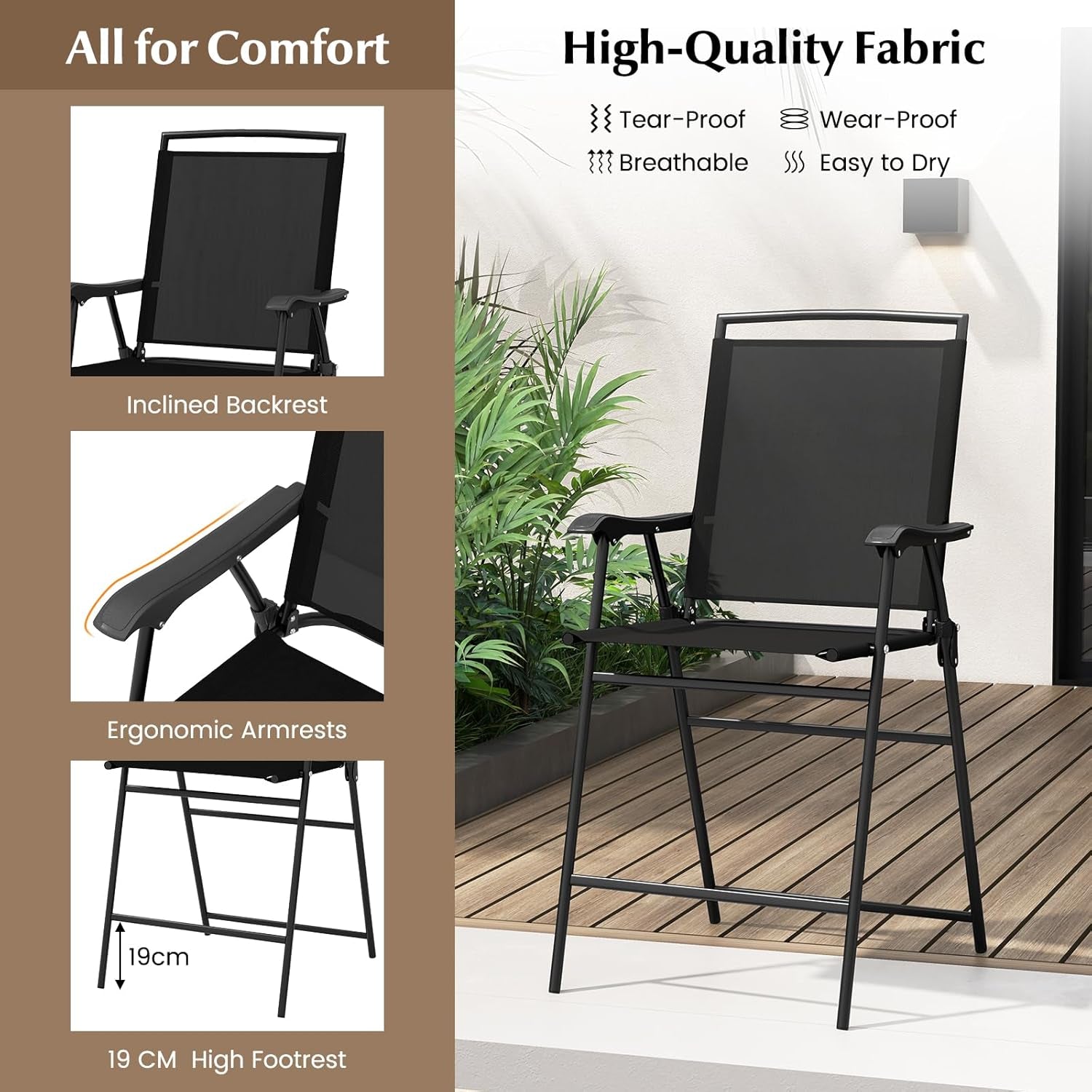 3 PCS Patio Table and Chairs Set, Bistro Furniture with DPC Tabletop, Umbrella Hole, Outdoor Bar Set with round Table and 2 Folding Counter Height Chairs for Poolside, Deck, Porch, Black-4