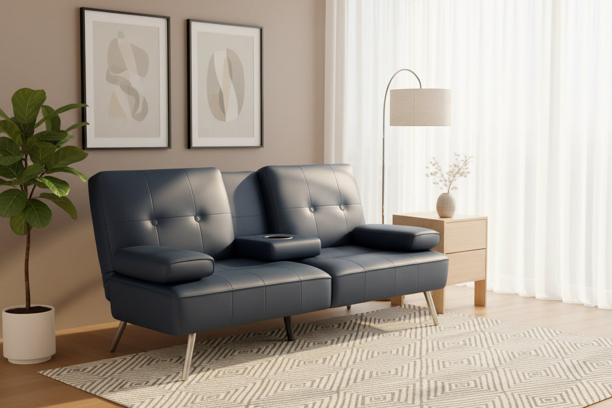 Blue Faux Leather Convertible Futon Sofa Bed Adjustable-0