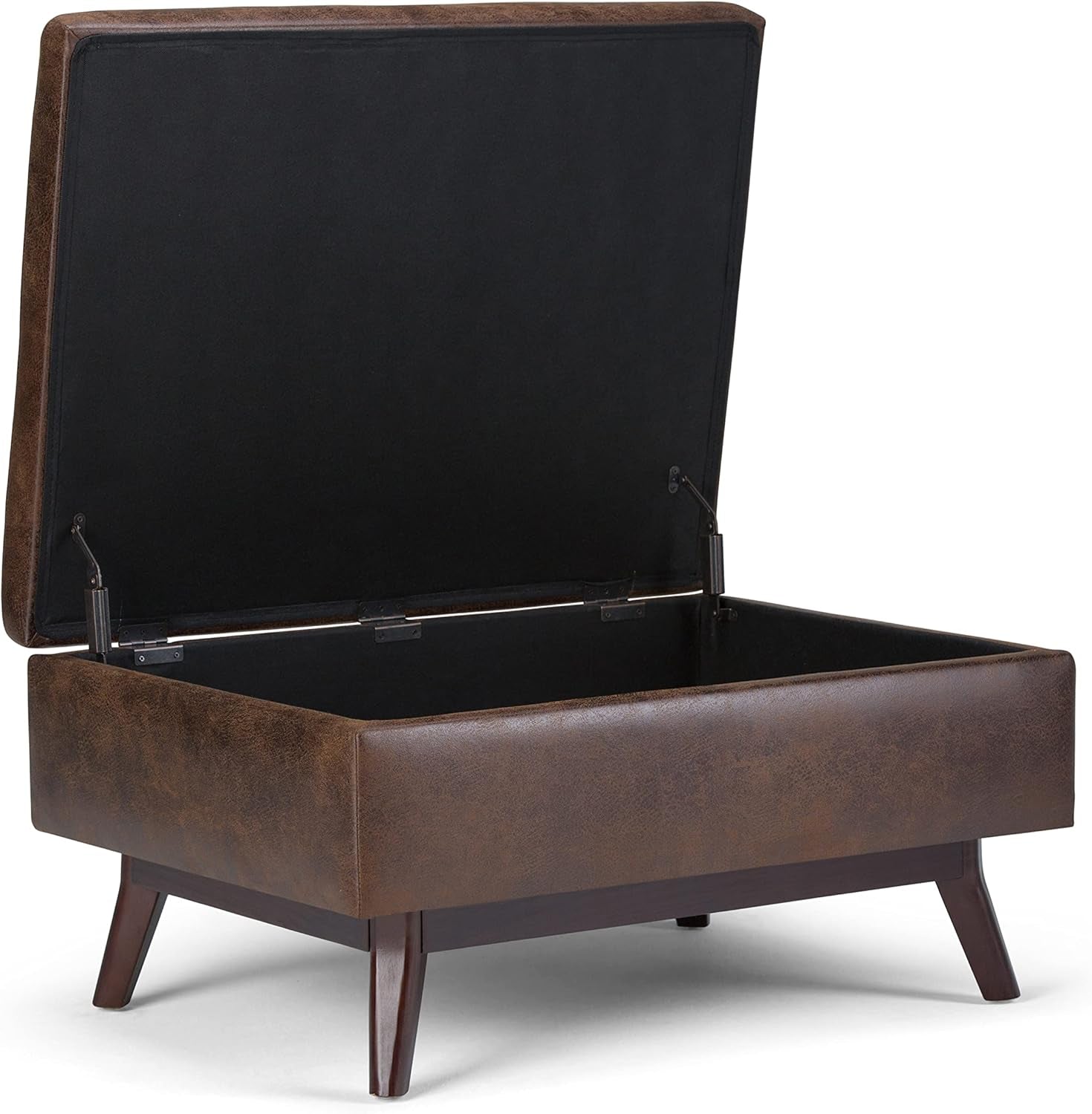 Brown leather storage ottoman with open lid on a white background