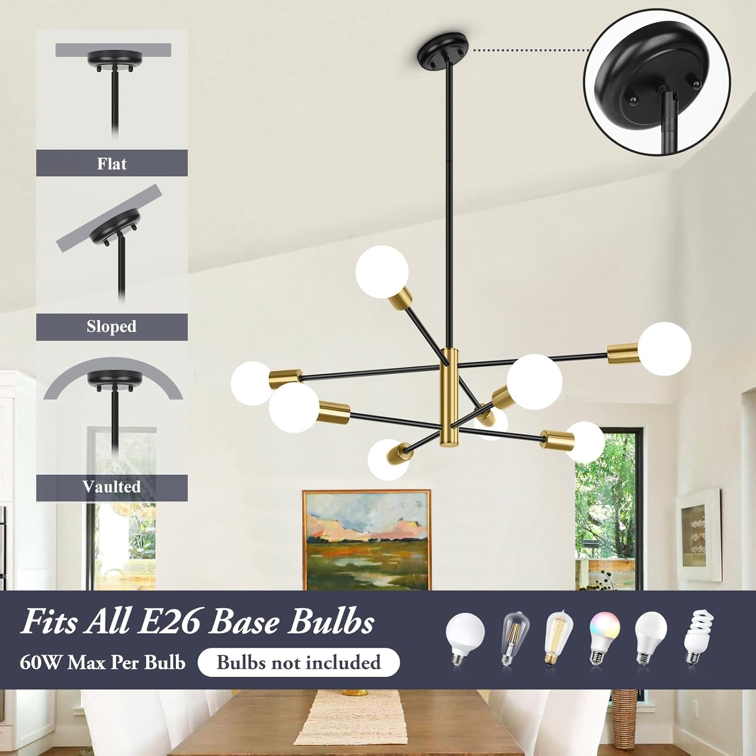 Modern chandelier with black and gold design in a room setting, featuring bulb compatibility information.