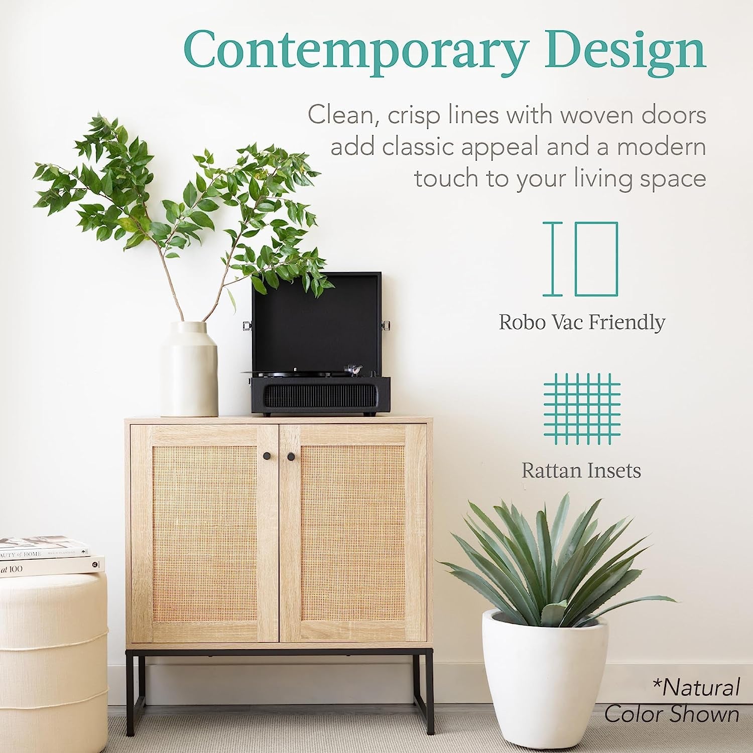 Two Door Rattan Storage Cabinet Natural Finish With Non Scratch Foot
