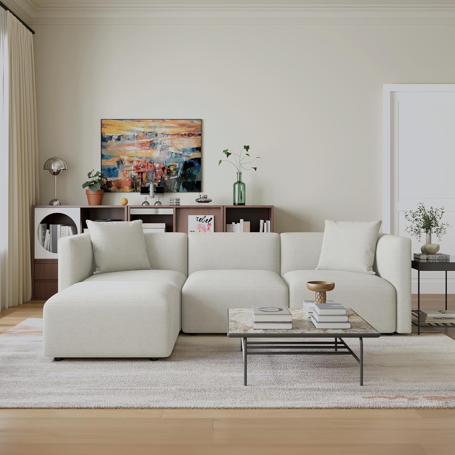L Shaped Convertible Modular Sectional Sofa Cream Chaise-3