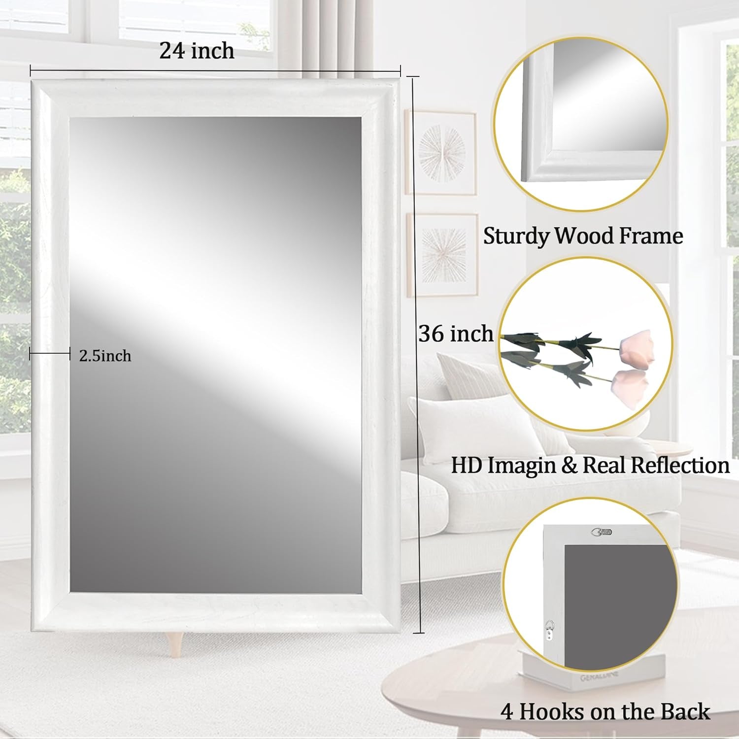 Rectangular mirror with measurements and features highlighted on a white background