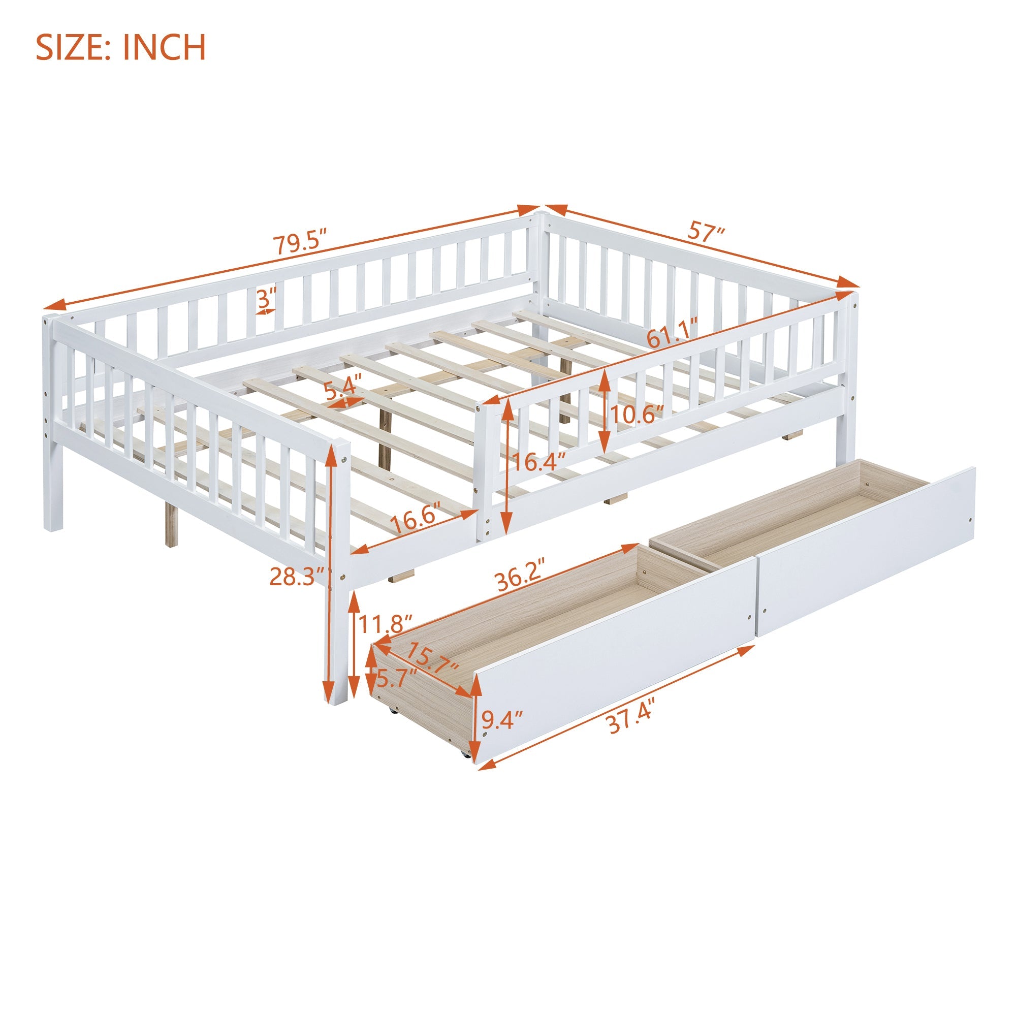 Full Size Daybed Wood Bed with Two Drawers