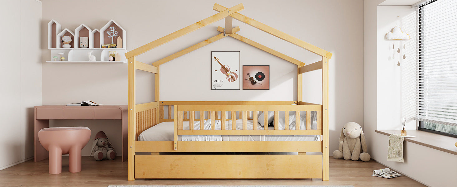 Full Size Wooden House Bed with Twin Size Trundle