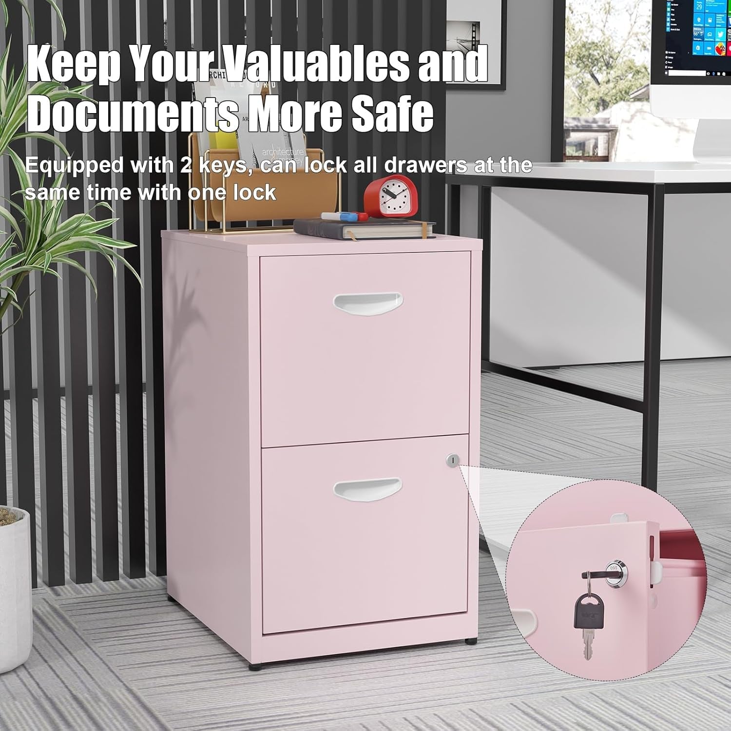 2 Drawer File Cabinet with Lock, Metal Vertical File Cabinets, 18"D Pink Storage Filing Cabinet for Home Office, Steel Light Duty Locked 2 Drawer File Cabinets for Letter Size Files, Assembly Required