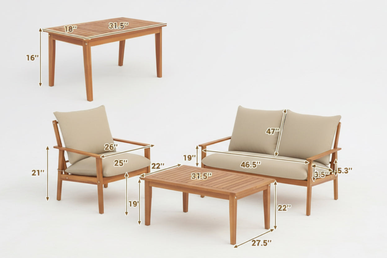 Product dimensions and weight capacity of outdoor furniture set with table, chairs, and loveseat.