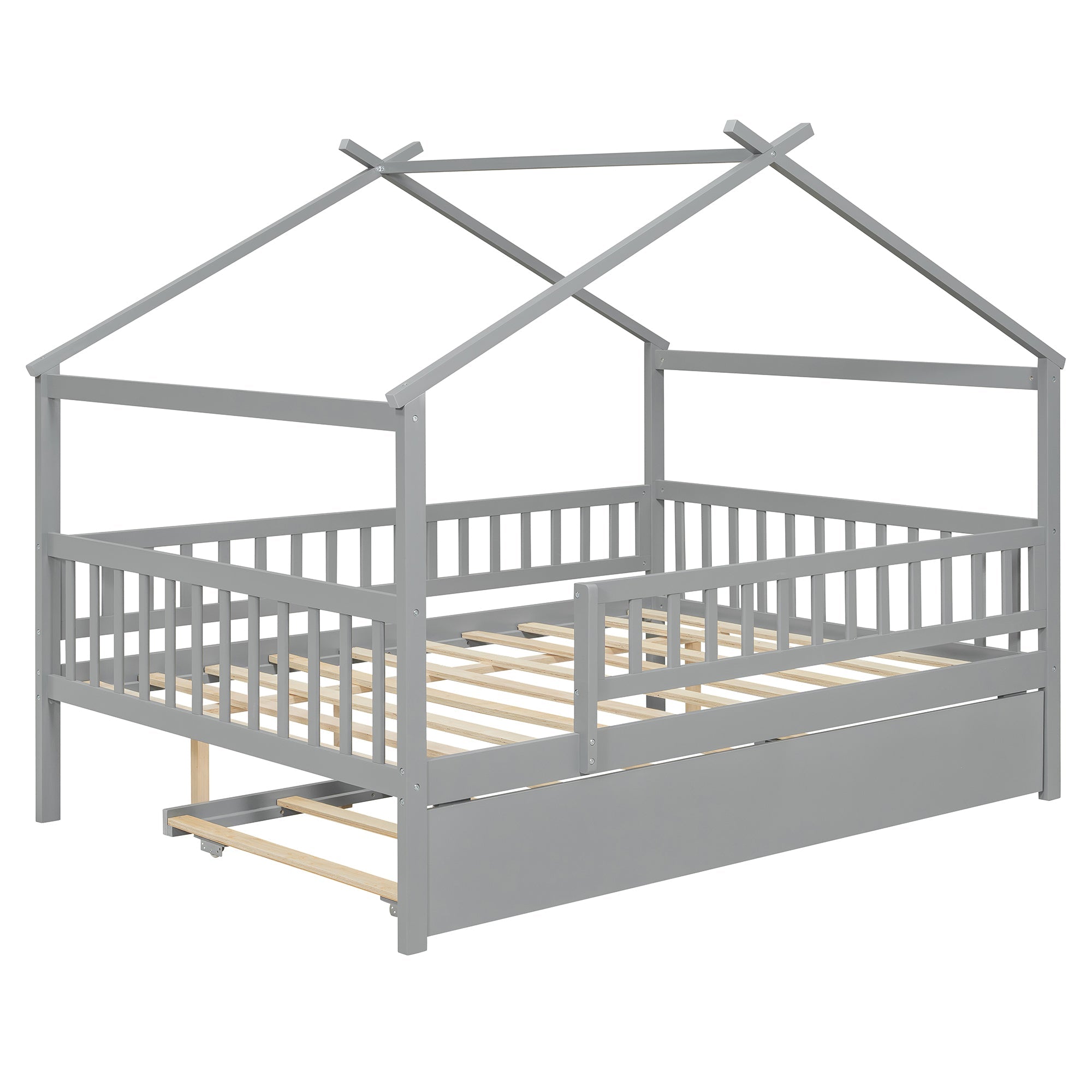 Full Size Wooden House Bed with Twin Size Trundle