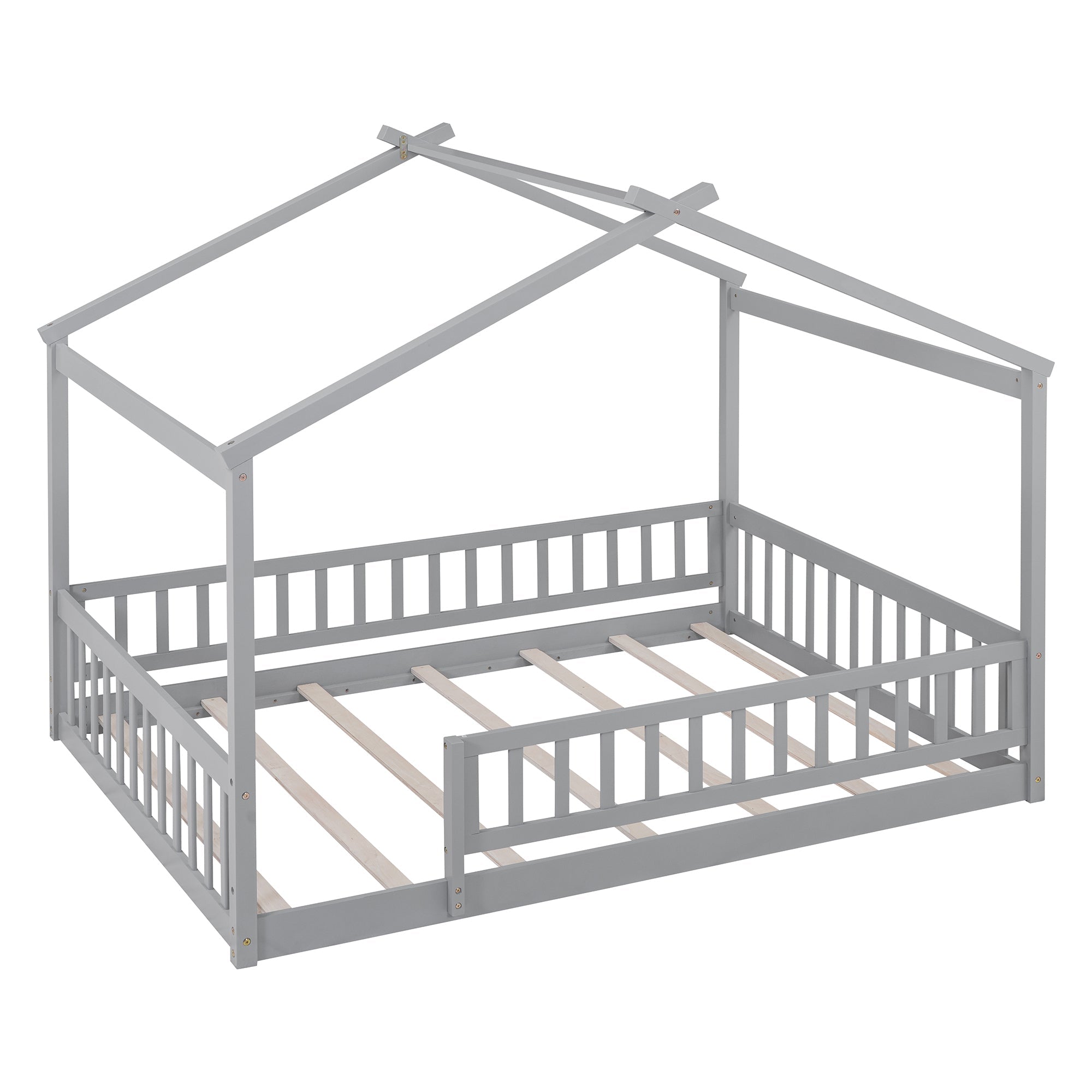 Wood Bed House Bed Frame with Fence, for Kids, Teens, Girls, Boys