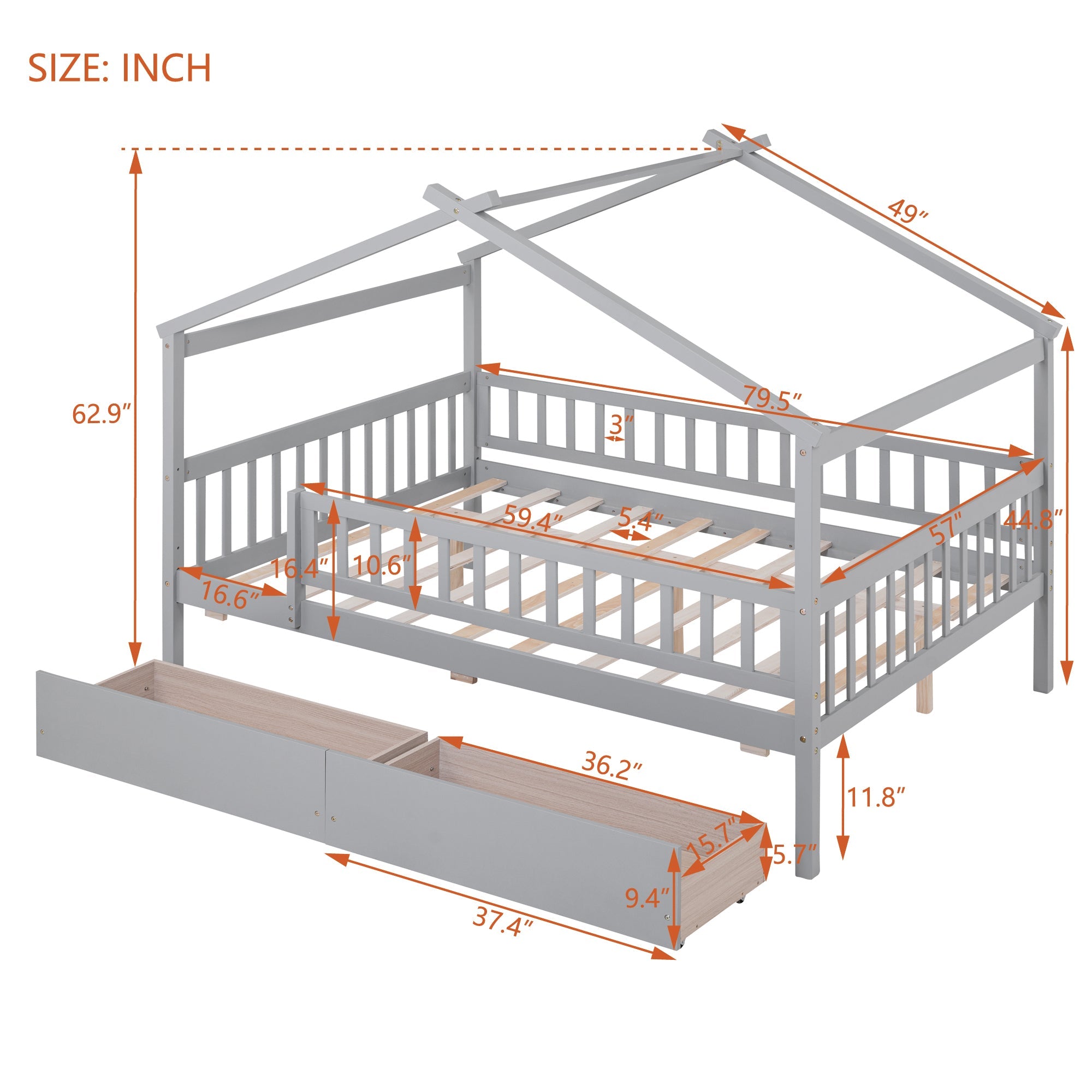 Full Size Wooden House Bed with Two Drawers