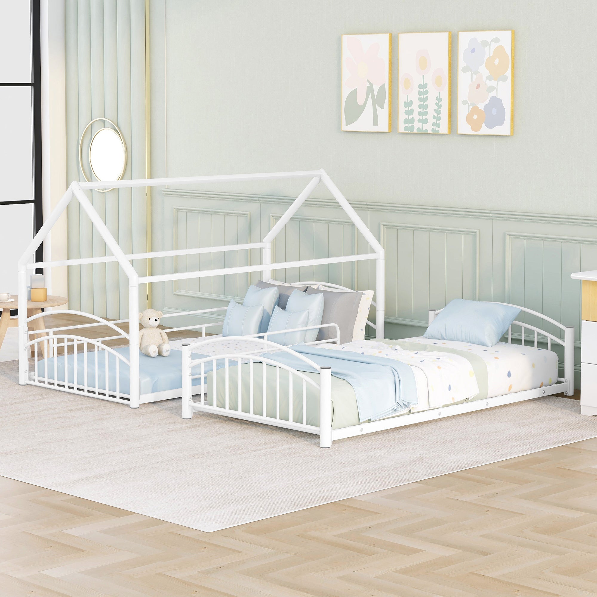 Twin Over Twin Metal Bunk Bed With Slide, Kids House Bed