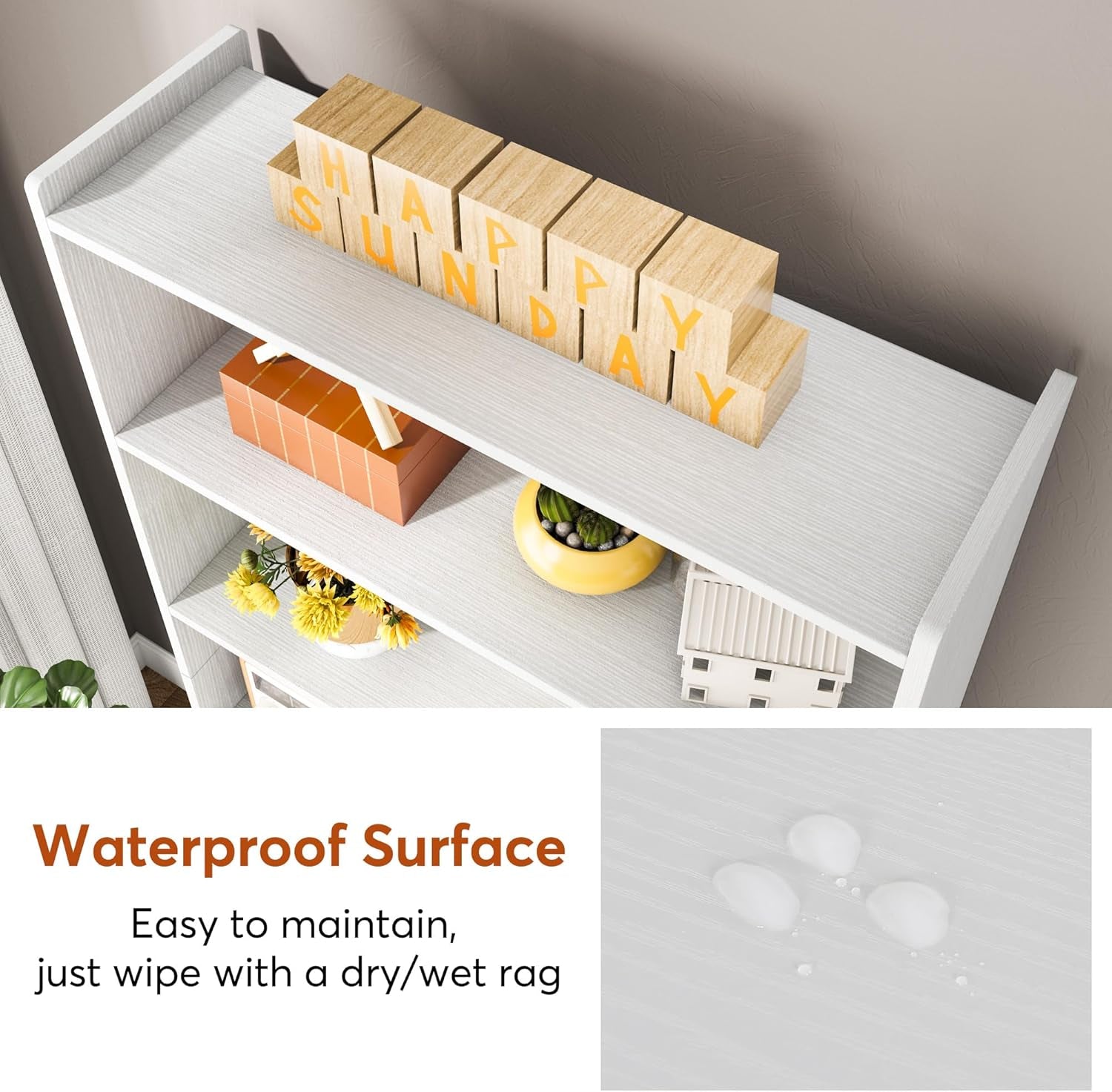 White shelf with decorative items and text 'Happy Day' on wooden blocks, with a focus on waterproof surface.