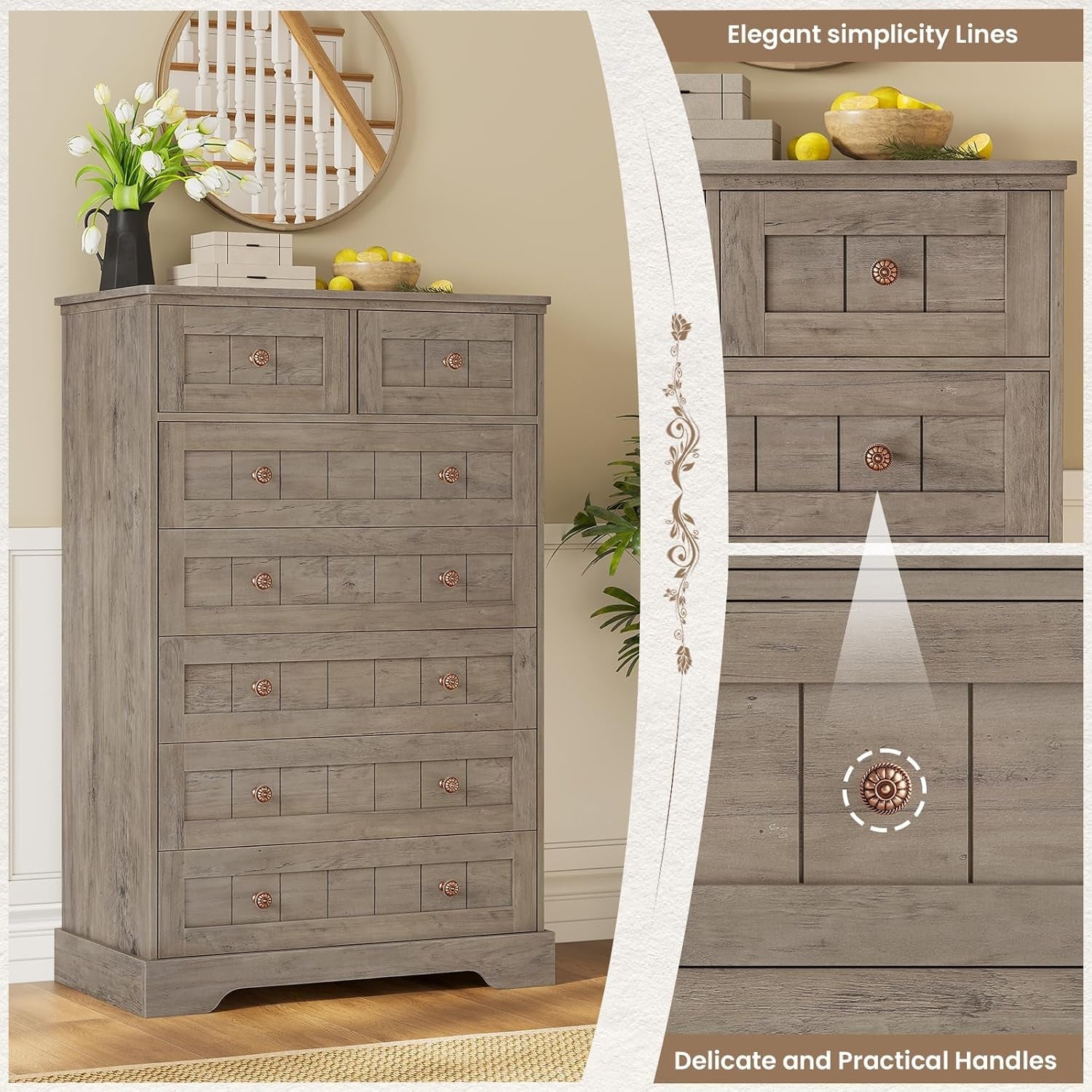 Wooden dresser with decorative elements in a room setting
