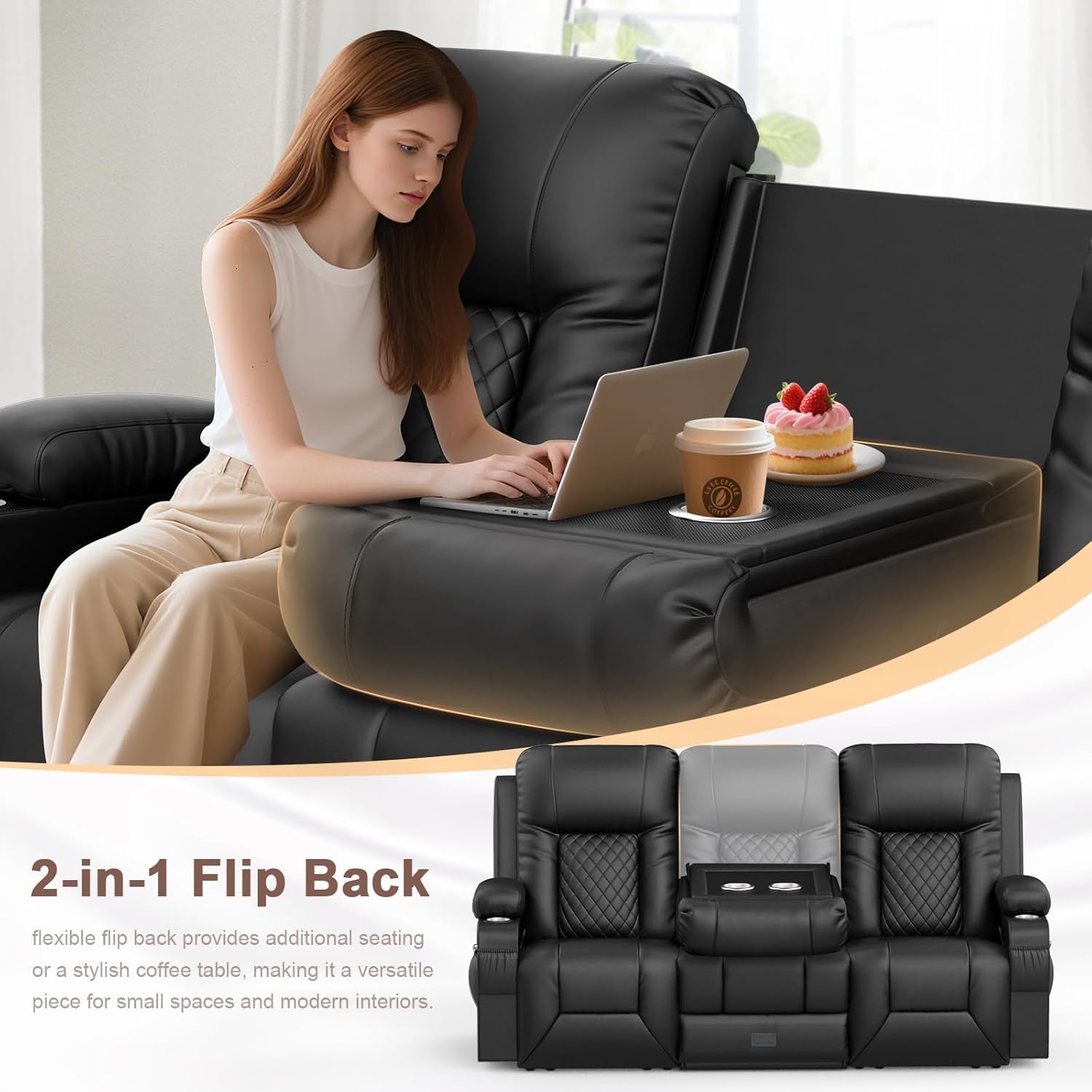 Woman using a laptop on a black recliner with a tray holding a cup and cake.